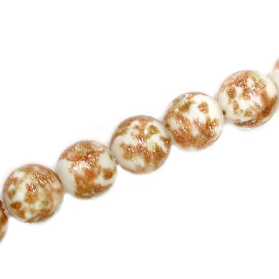 12 MM ROUND GLASS BEADS WHITE / COPPER FLECKS- 15 PCS