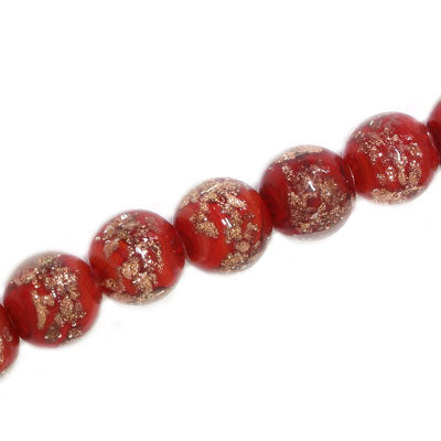 12 MM ROUND GLASS BEADS RED / COPPER FLECKS- 15 PCS