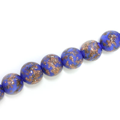 10 MM ROUND GLASS BEADS BLUE / COPPER FLECKS- 20 PCS