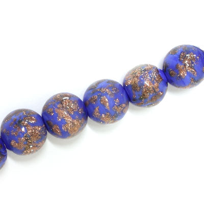 12 MM ROUND GLASS BEADS BLUE / COPPER FLECKS- 15 PCS