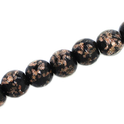 12 MM ROUND GLASS BEADS BLACK / COPPER FLECKS- 15 PCS
