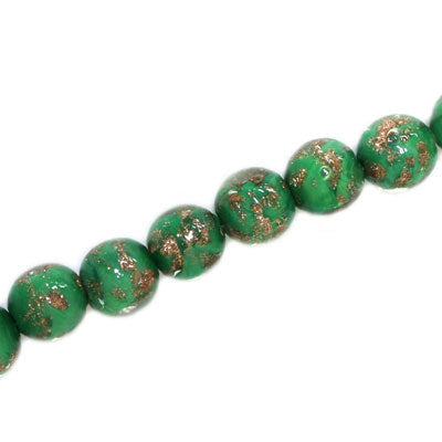 10 MM ROUND GLASS BEADS GREEN / COPPER FLECKS- 20 PCS