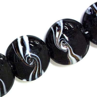 20 MM FLAT ROUND GLASS BEADS BLACK - 15 PCS