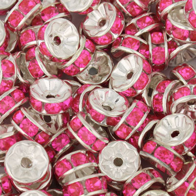 8MM RHINESTONE RONDELLE SPACER BRIGHT PINK - 10 PCS