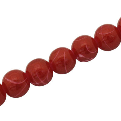 10 MM ROUND GLASS BEADS RED / WHITE SWIGGLE - 82 PCS