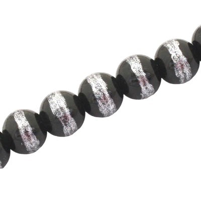 10 MM ROUND GLASS BEADS BLACK / SILVER LINED - 82 PCS