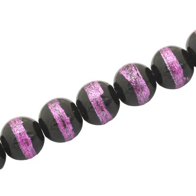 10 MM ROUND GLASS BEADS BLACK / PINK LINED - 82 PCS