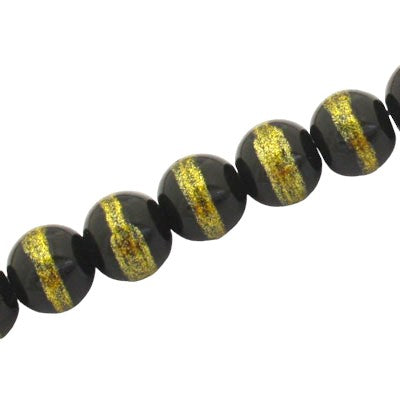 10 MM ROUND GLASS BEADS BLACK / YELLOW LINED - 82 PCS