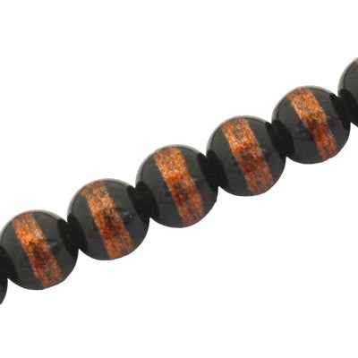 10 MM ROUND GLASS BEADS BLACK / ORANGE LINED - 82 PCS