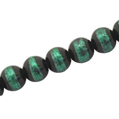 10 MM ROUND GLASS BEADS BLACK / GREEN LINED - 82 PCS