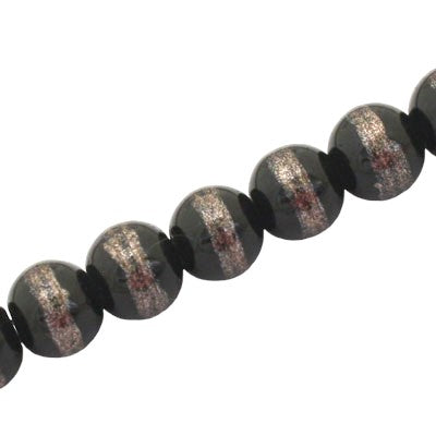 10 MM ROUND GLASS BEADS BLACK / GREY LINED - 82 PCS