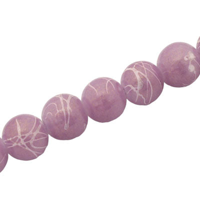 10 MM ROUND GLASS BEADS PURPLE / WHITE SWIGGLE - 82 PCS