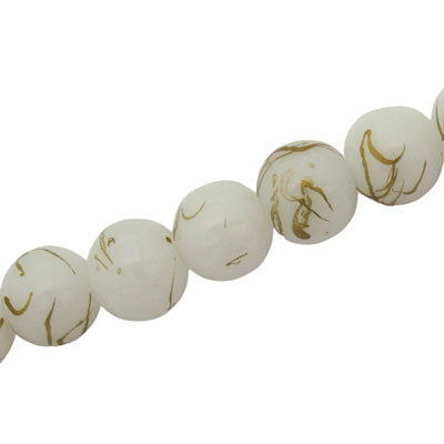 10 MM ROUND GLASS BEADS WHITE WITH GOLD SWIRL - 82 PCS