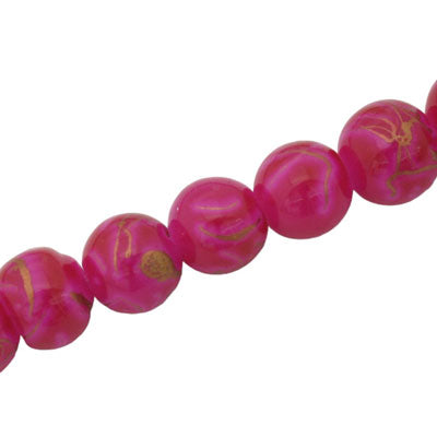 10 MM ROUND GLASS BEADS HOT PINK WITH GOLD SWIRL - 82 PCS