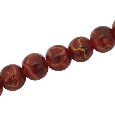 10 MM ROUND GLASS BEADS RED WITH GOLD SWIRL - 82 PCS