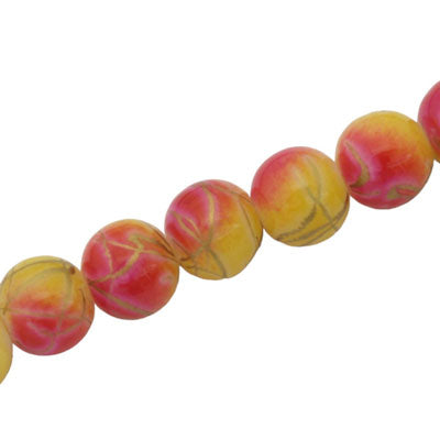 10 MM ROUND GLASS BEADS PINK / YELLOW WITH GOLD SWIRL - 82 PCS