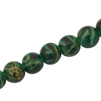 10 MM ROUND GLASS BEADS GREEN WITH GOLD SWIRL - 82 PCS