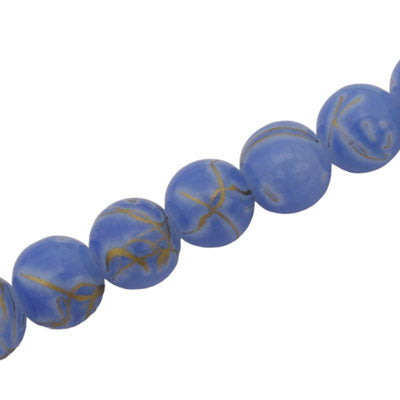 10 MM ROUND GLASS BEADS BLUE WITH GOLD SWIRL - 82 PCS
