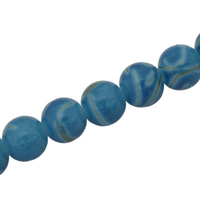 10 MM ROUND GLASS BEADS AQUA WITH GOLD SWIRL - 82 PCS