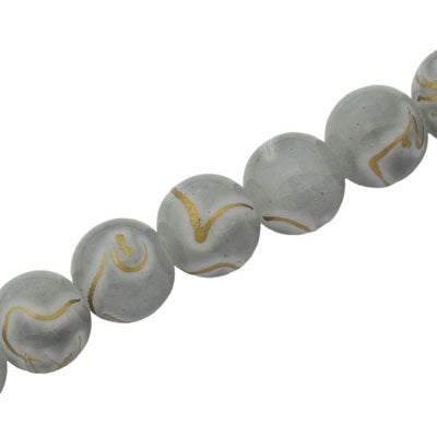 10 MM ROUND GLASS BEADS GREY WITH GOLD SWIRL - 82 PCS