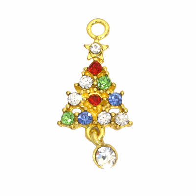 CHRISTMAS TREE CHARM 26 MM  GOLD WITH RHINESTONES - 3 PCS