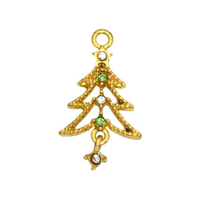 CHRISTMAS TREE CHARM 28 MM GOLD WITH RHINESTONES - 6 PCS