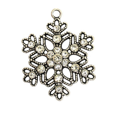 SNOWFLAKE PENDANT CHARM 40 MM SILVER WITH RHINESTONES - 1 PC