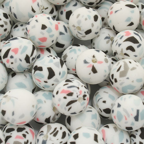 12 MM ROUND SILICONE BEADS WHITE WITH MIX COLOUR FLEC - 3 PCS