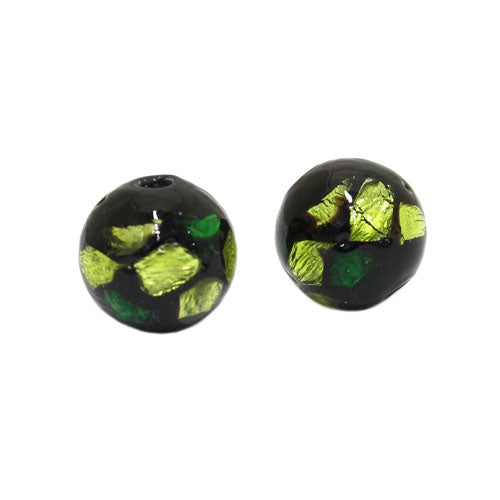 10 MM GLASS FOIL BEAD LIME GREEN BLACK - 1 PC