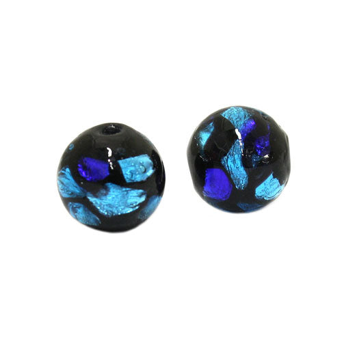 10 MM GLASS FOIL BEAD AQUA BLUE BLACK - 1 PC