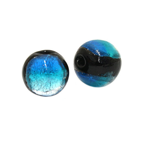 10 MM GLASS FOIL BEAD SILVER TEAL AQUA BLACK - 1 PC