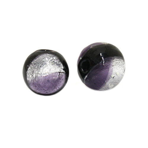 10 MM GLASS FOIL BEAD PURPLE SILVER BLACK - 1 PC