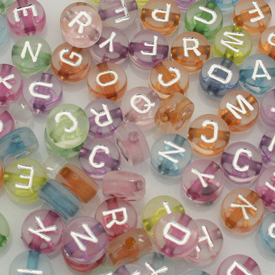 7 MM ALPHABET BEADS CLEAR WITH MIX INSIDE COLOUR - APPROX 85 PCS