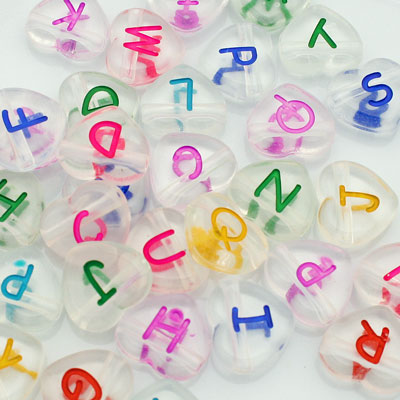 12 MM HEART ALPHABET BEADS CLEAR WITH MIX COLOUR LETTERS - APPROX 30 PCS
