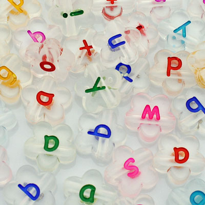 11 MM FLOWER ALPHABET BEADS CLEAR WITH MIX COLOUR LETTERS - APPROX 35 PCS