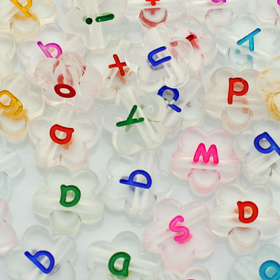 11 MM FLOWER ALPHABET BEADS CLEAR WITH MIX COLOUR LETTERS - APPROX 35 PCS