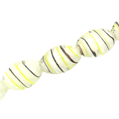 18 X 12 MM OVAL GLASS BEADS - WHITE / YELLOW & BLACK SWIRL - 20 PCS