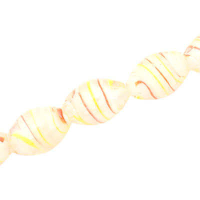 18 X 12 MM OVAL GLASS BEADS - WHITE / YELLOW & RED SWIRL - 20 PCS