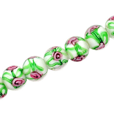 12 MM ROUND GLASS LAMPWORK BEADS WHITE WITH PINK FLOWER - 15 PCS