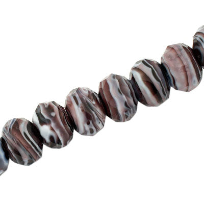 12 X 8 MM FACETED RONDELLE WHITE AND PLUM SWIRLS - 15 PCS