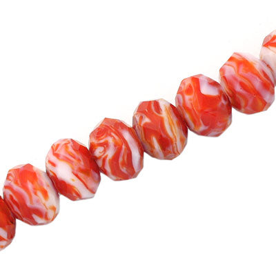 12 X 8 MM FACETED RONDELLE WHITE AND RED SWIRLS - 15 PCS