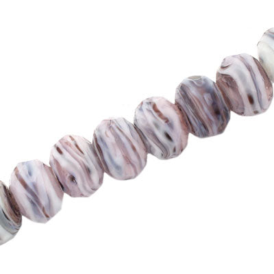 12 X 8 MM FACETED RONDELLE WHITE AND LIGHT PLUM SWIRLS - 15 PCS