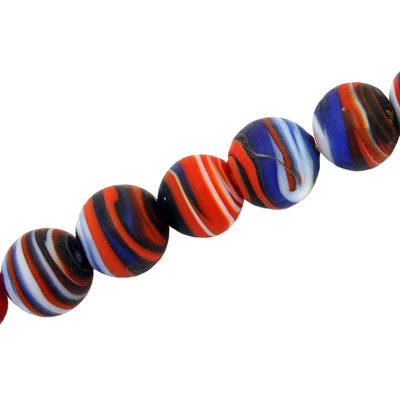 12 MM ROUND GLASS BEADS RED / BLACK / BLUE / WHITE SWIRL - 15 PCS