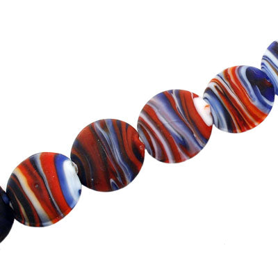 15 MM FLAT ROUND GLASS BEADS RED / BLUE / BLACK / WHITE SWIRL - 15 PCS