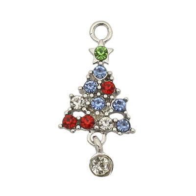 CHRISTMAS TREE CHARM 26 MM  SILVER WITH RHINESTONES - 2 PCS