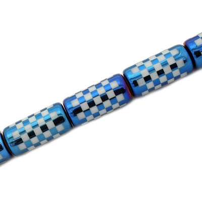 20 X 10 MM PATTERNED TUBE BEADS BLUE WHITE CHECKERED - 15 PCS