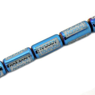 20 X 10 MM PATTERNED TUBE BEADS BLUE / WHITE - 15 PCS