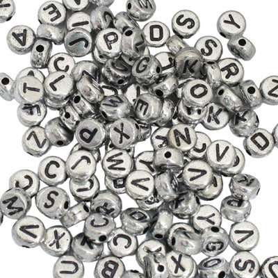 7 X 4 MM ALPHABET BEADS SILVER WITH BLACK LETTERS  - APPROX 100 PCS