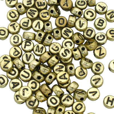 7 X 4 MM ALPHABET BEADS GOLD WITH BLACK LETTERS  - APPROX 100 PCS