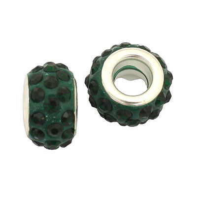 12 MM (5 MM HOLE) DARK GREEN WITH DARK GREEN RHINESTONES - 10 PCS
